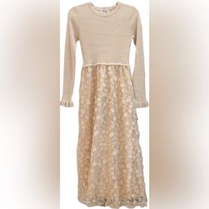 Ivory Cream Lace Floral Maxi Dress with Knit Top & Sleeves with Ruffle Cuff